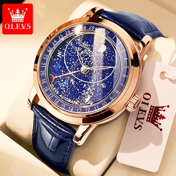 OLEVS 9923 Мъжки часовник Фаза на Луната Автоматични механични часовници за мъже Синьо Кожа Луксозно рокля Водоустойчивост Светлинен часовник