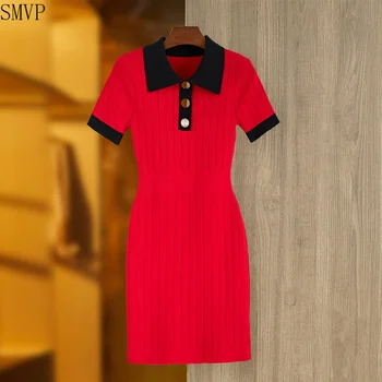 Червена рокля поло с къс ръкав и плътен еластичен колан, Ежедневното Трикотажное в Елегантна вечерна рокля, рокля за рожден ден за жени