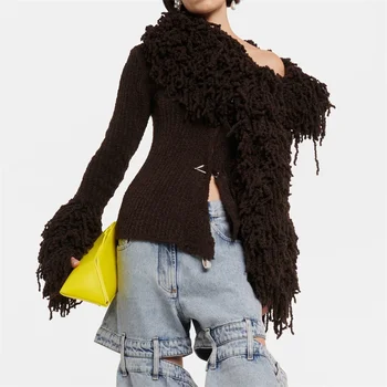 Жена пуловер 2023, Есен, Нова корейската мода, Смесени с вълна, Дизайн възглавница с пискюли, Пуловер, шал, шия, плюшени белезници, вязаный жилетка y2k