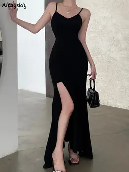 На Макси рокля е Женско, черно, с цепка отстрани, секси, с отворен гръб, Елегантна, Лятото, нарушения на сърдечния, лесно, дебнещ, в женски стил, винтажное, универсален, 2023