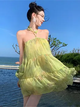 Мини рокля на спагети презрамки, Женски Секси Рокля за вашата лятна почивка на плажа, 2023, Бандажное вечерна рокля с флорални принтом, страхотна Елегантна рокля с отворен гръб